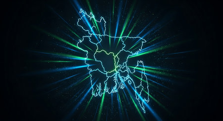 Map of the European Union, glowing lines with blue rays on dark backgroundの素材