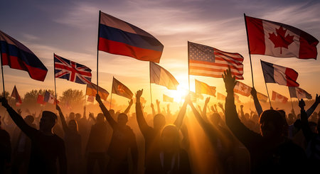 Silhouette of a crowd of people holding the flags of the world at sunsetの素材