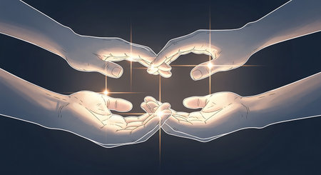 Conceptual image of human hands forming a heart shape against dark backgroundの素材