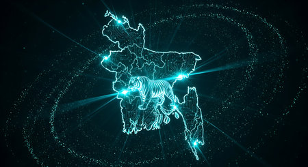 Map of the Netherlands, glowing lines on technological background. 3D Renderingの素材