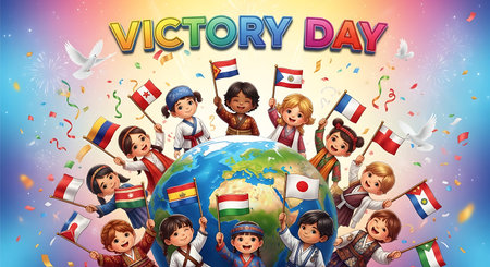 World Children's Day background with children and flags on the globe illustrationの素材
