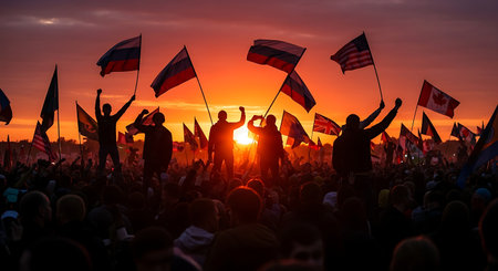 Crowd of people with flags and banners at sunset. Crowds of people with flags at sunsetの素材