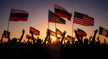 Silhouettes of people waving the flags of the countries of the worldの素材