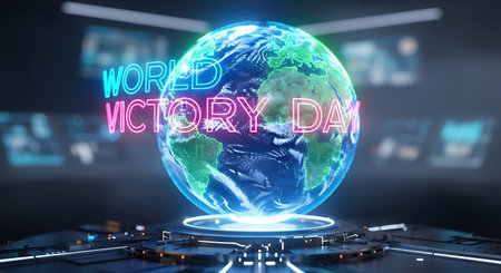 Turntable playing music with world map hologram 3D renderingの素材