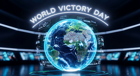 World VIRTUAL DAY text over digital screen with world map on black background 3D renderingの素材