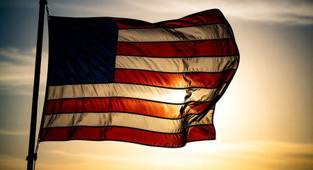 United States of America flag waving in the wind on a sunset backgroundの素材