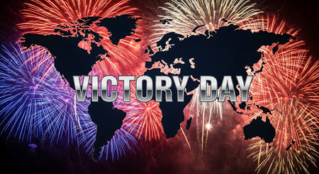 VICTORY DAY text on world map and fireworks background, national holiday conceptの素材