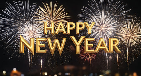 Happy New Year written with golden letters and fireworks on night sky backgroundの素材