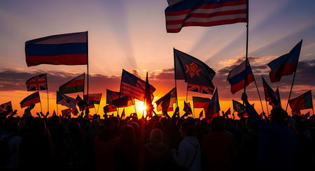 Crowd of people waving flags of different countries and countries at sunsetの素材