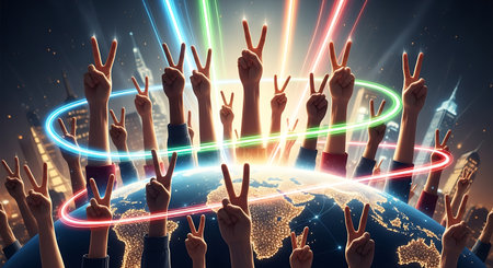 Hands of different ethnicities and cultures showing gestures on the background of the Earth.の素材