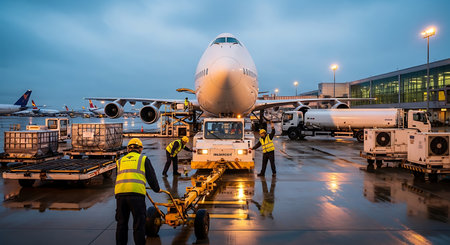 Airplane at the airport in the evening with the workers loading luggageの素材
