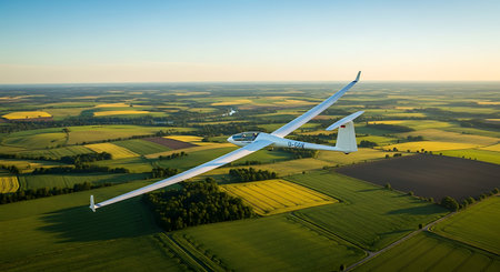 Aerial view of a flying glider over the fields. 3D renderingの素材
