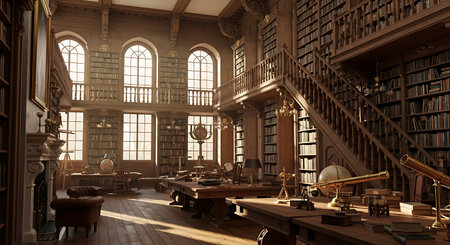 Interior of an old library. 3D render. Vintage style.の素材