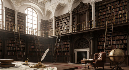 3D rendering of an old library with books and a chair.の素材