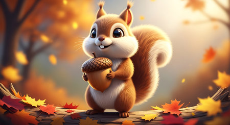 Cute squirrel with acorn in autumn forest. 3D renderingの素材