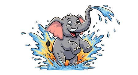 Elephant splashing water. Vector illustration of a cartoon elephant splashing water.の素材