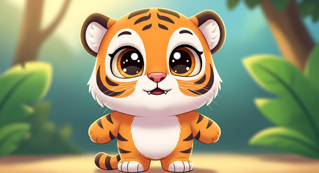 Cute tiger cartoon in the jungle. Vector illustration of a cute tiger.の素材
