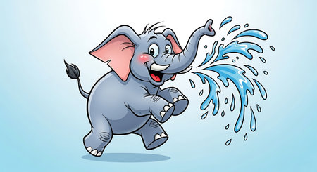 Cartoon elephant jumping with splashes of water. Vector illustration.の素材