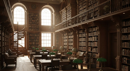 Old library with bookshelf and tables. 3D rendering.の素材