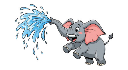Elephant splashing water on white background. Vector cartoon illustration.の素材
