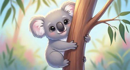 cartoon scene with koala bear climbing a tree - illustration for childrenの素材