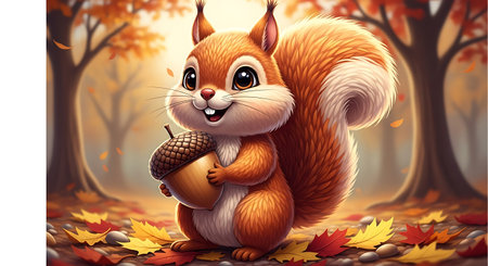 Cute squirrel with acorn in autumn forest, vector illustration.の素材