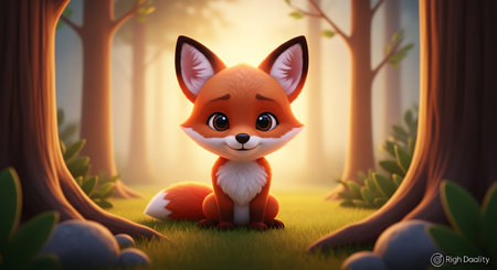 Cute cartoon fox sitting in the forest. 3d illustration.の素材