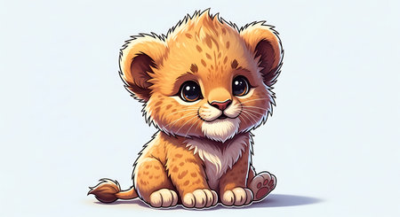 Cute cartoon lion cub sitting on white background. Vector illustration.の素材