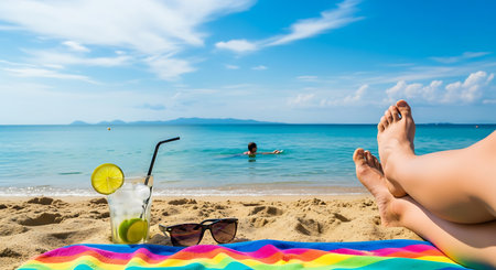 Woman relaxing on the beach with a glass of mojito cocktailの素材