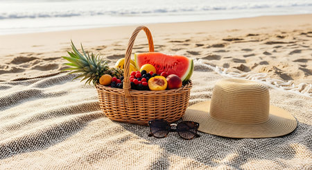Picnic basket with fruits, straw hat and sunglasses on sandy beachの素材