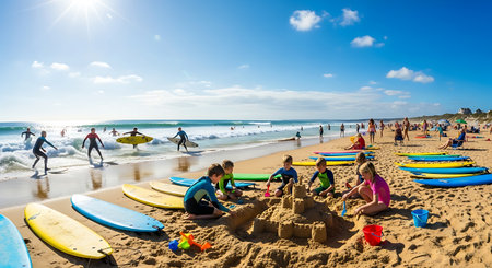 Unidentified people play with sand castle on beach in San Jose, CA, USAの素材