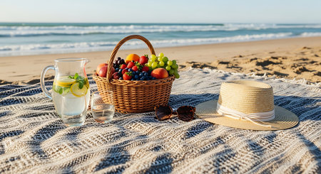 Picnic on the beach. Straw hat, basket with fruits and berries on the beach.の素材