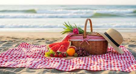 Picnic basket with fruits on the beach. Summer vacation concept.の素材