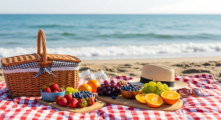 Picnic on the beach. Strawberries, strawberries, oranges, grapes, wine glasses, hat and picnic basketの素材