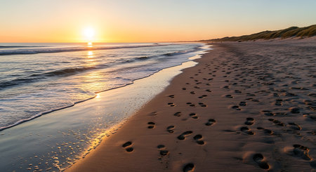 Sunset on the beach of the Baltic Sea with footprints in the sandの素材