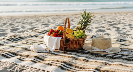 Straw hat and basket with fresh fruits on blanket at the beachの素材