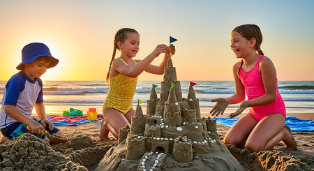 Happy children playing with sand and building sandcastle on beach at sunsetの素材