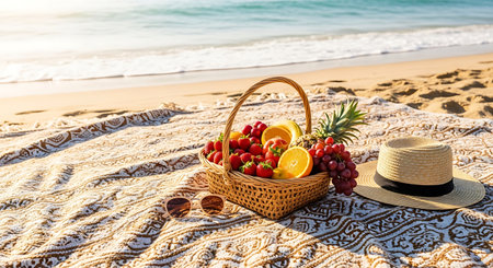 Picnic on the beach. Straw hat and basket with fresh fruits on the beachの素材