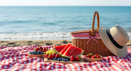 Picnic on the beach. Straw hat and wicker basket with berries on the background of the sea.の素材
