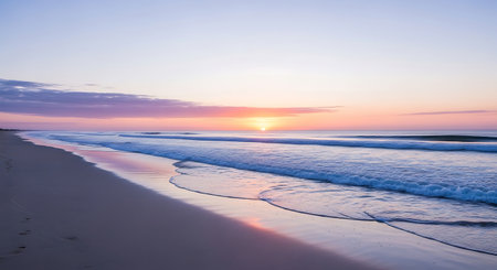 Beautiful sunrise on the beach with sea wave and sky background.の素材
