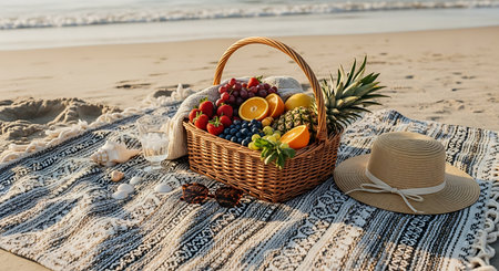 Picnic basket with fresh berries and straw hat on blanket on beachの素材