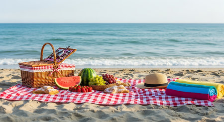 Picnic on the beach. Basket, picnic blanket, watermelon, hat and plaidの素材