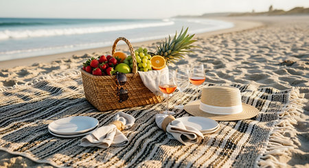 Picnic on the beach. Picnic basket with fruits, glasses of wine and straw hat on the beachの素材