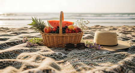 Picnic on the beach. Straw hat, basket with fruits and berries on the blanket.の素材