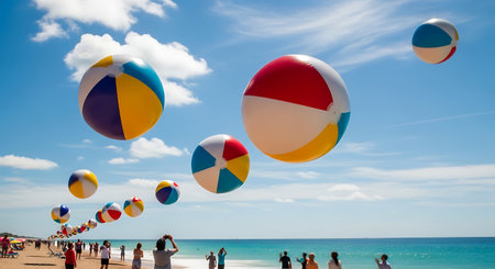 Colorful beach balls on the beach in a sunny day in summerの素材