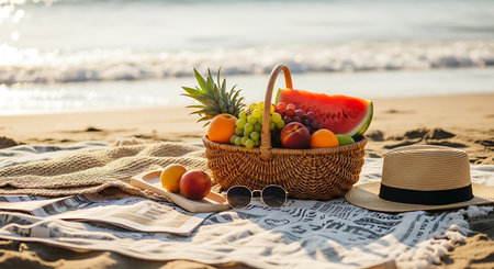 Wicker basket with fruits on the beach. Summer vacation concept.の素材