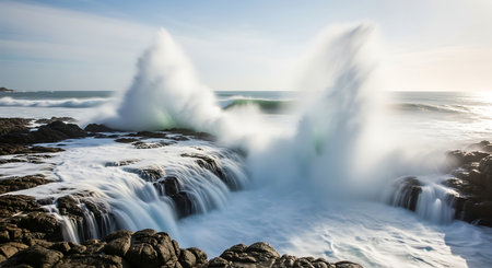 Long exposure seascape with foaming waves crashing on the rocksの素材