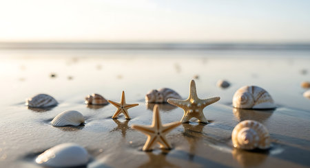 Starfish and seashells on the beach in the evening.の素材