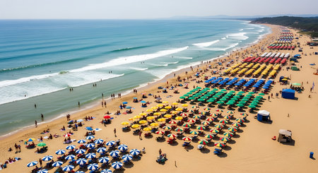 Aerial view of a beach with sunbeds and umbrellasの素材
