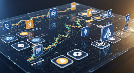 Cryptocurrency trading and financial investment concept. 3d rendering double exposureの素材